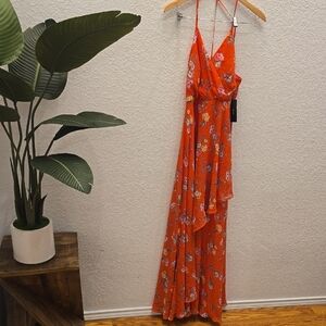 Lulus Floral Orange Maxi Dress with Ruffle Detail size M